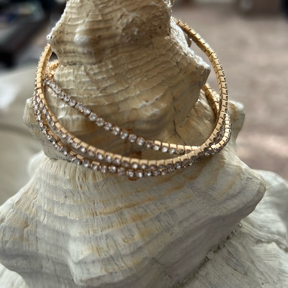 Three Stretchy Gold Tone Dainty Rhinestone Bracelets
